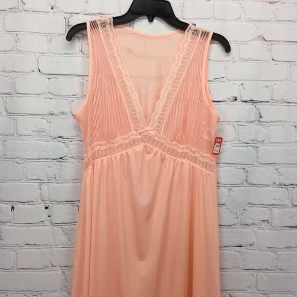 Vtg Figurfit Long Nightgown Women's Sz M Peach Sheer Accordion Pleats Lace Flowy - Picture 3 of 11